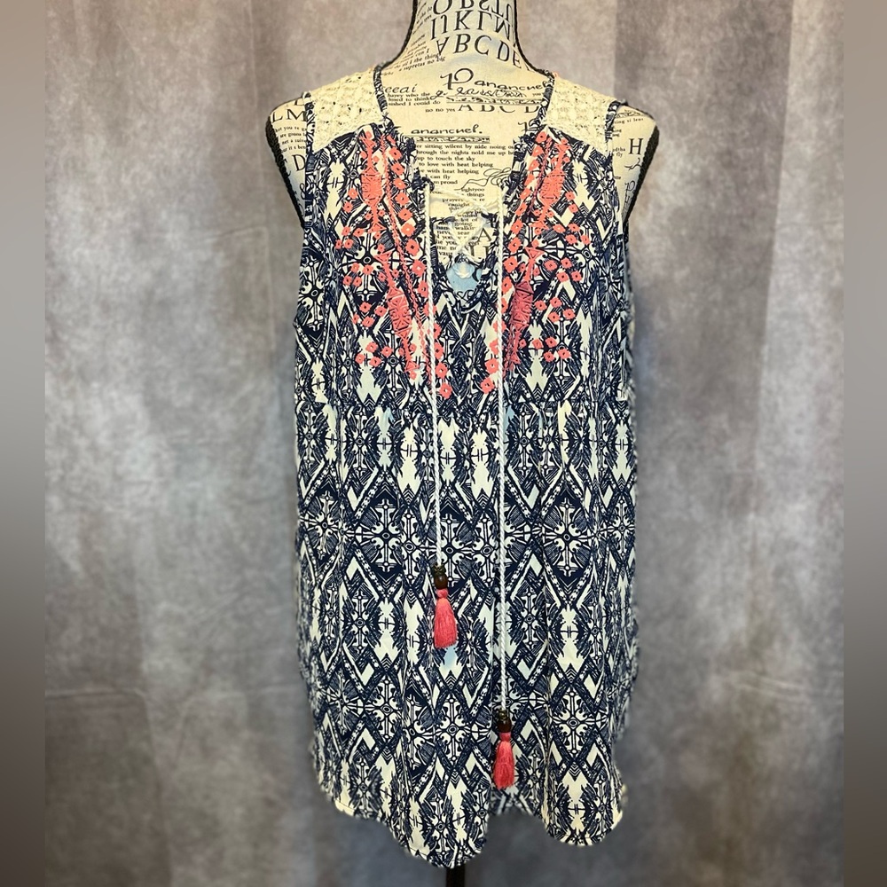 Xhilaration Navy and Cream Lace Boho Top with Coral Trim